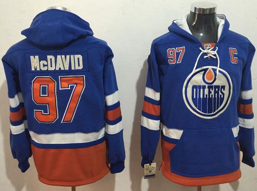 Oilers #97 Connor McDavid Light Blue Name & Number Pullover NHL Hoodie - Click Image to Close